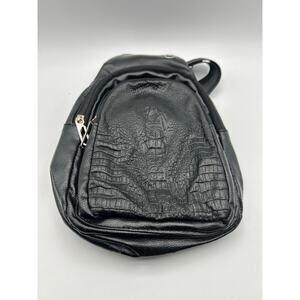 Black Croc Embossed Sling Backpack Crossbody Bag Small Chest Pack Faux Leather
